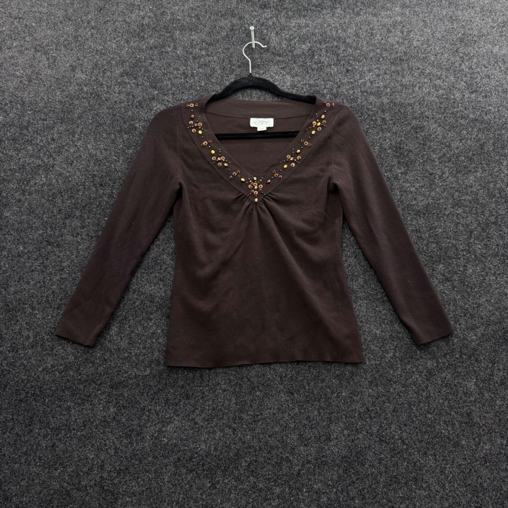 Ann Taylor Loft Brown Beaded V-Neck Long Sleeve Top XS Brown Rayon Blend